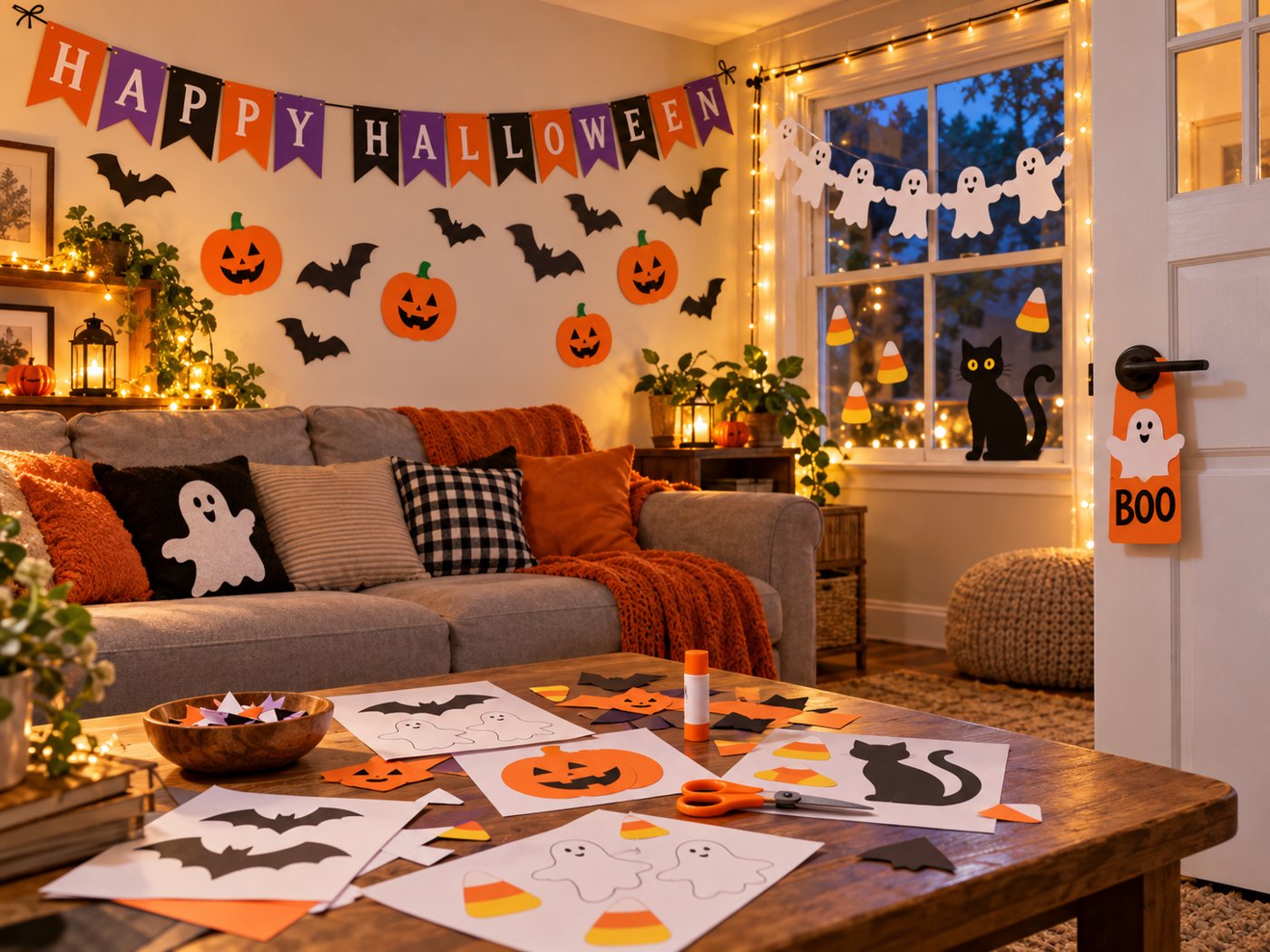A living room decorated with printable paper Halloween decorations