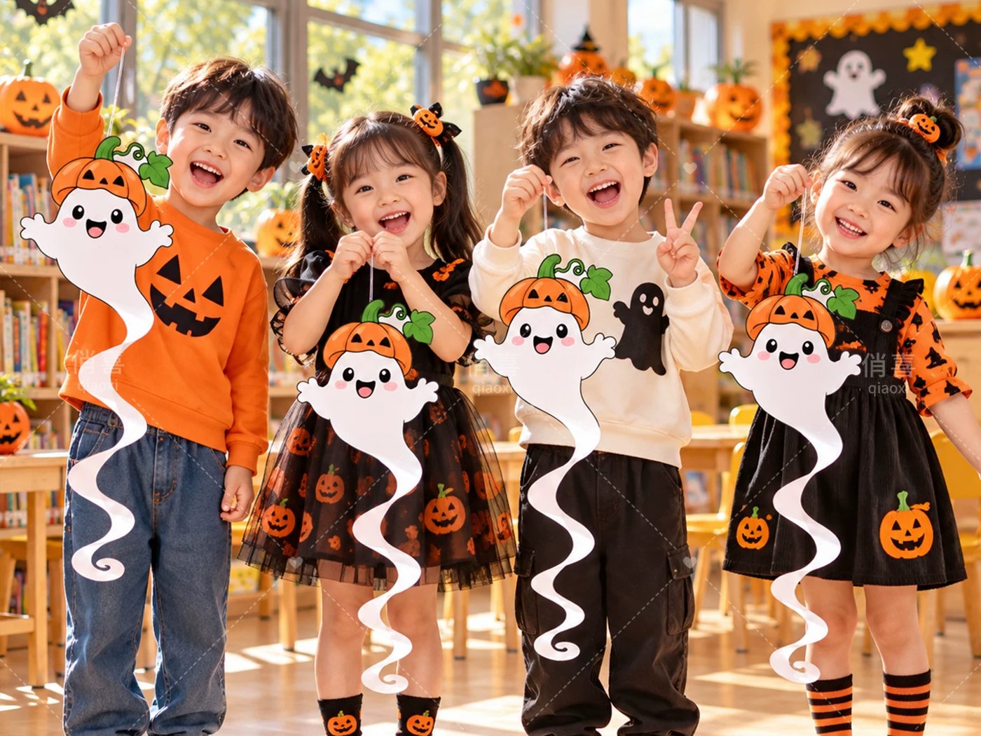 Spiral ghost hangers in a classroom