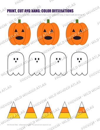 Color pumpkins, ghosts and candy corn